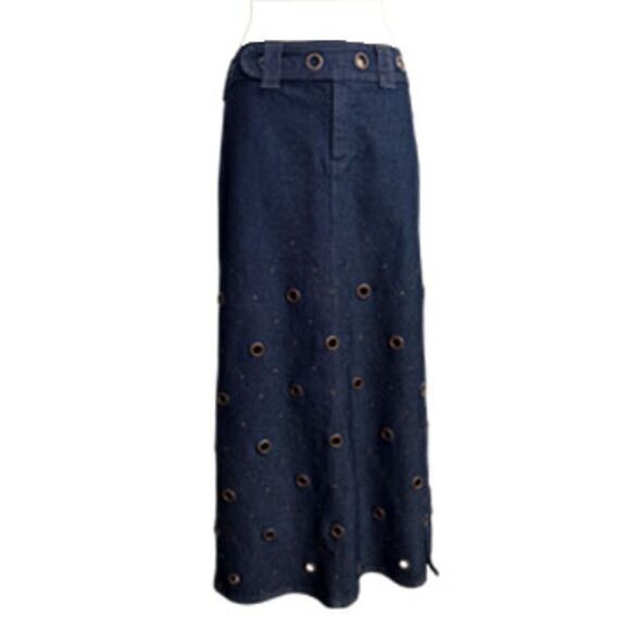 Jordache Vintage 90's Dark Blue Wash Denim Grommet Maxi Skirt Size 5 - Picture 3 of 14